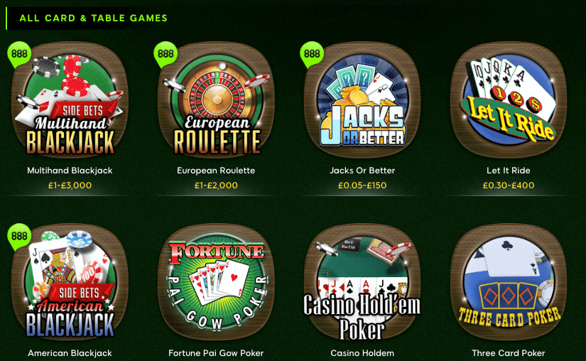 888 casino table games