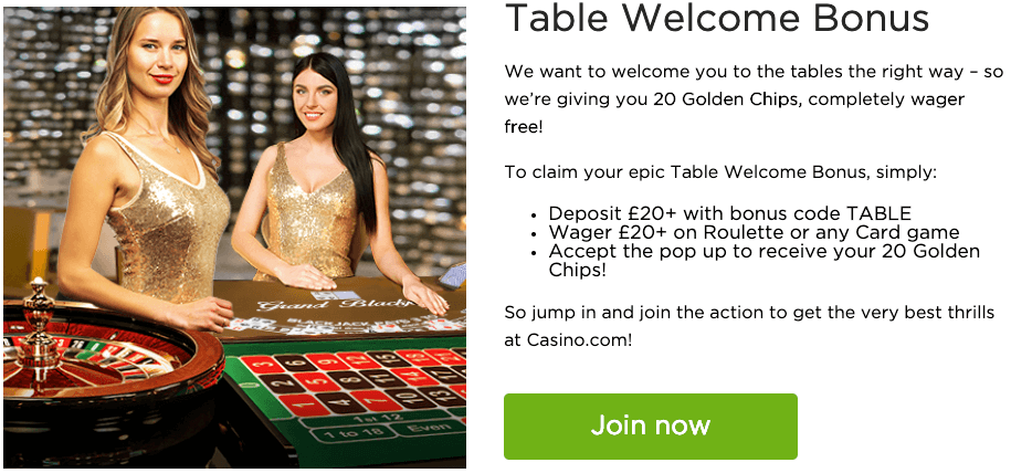 Casino.com table welcome bonus